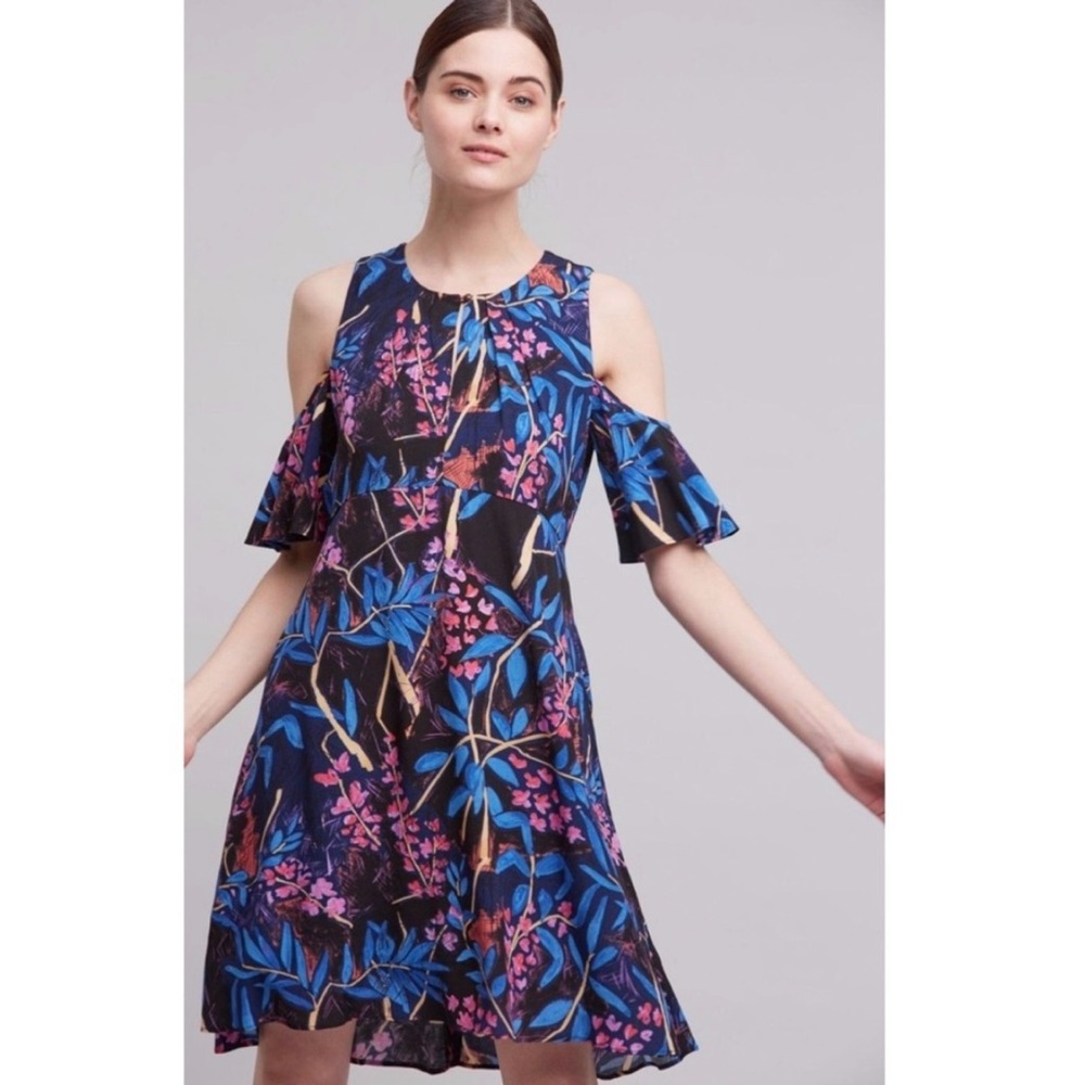 Maeve Blue Dress “Elia” Pink Floral Tropical Open Shoulder Anthropologie Sz 2 S